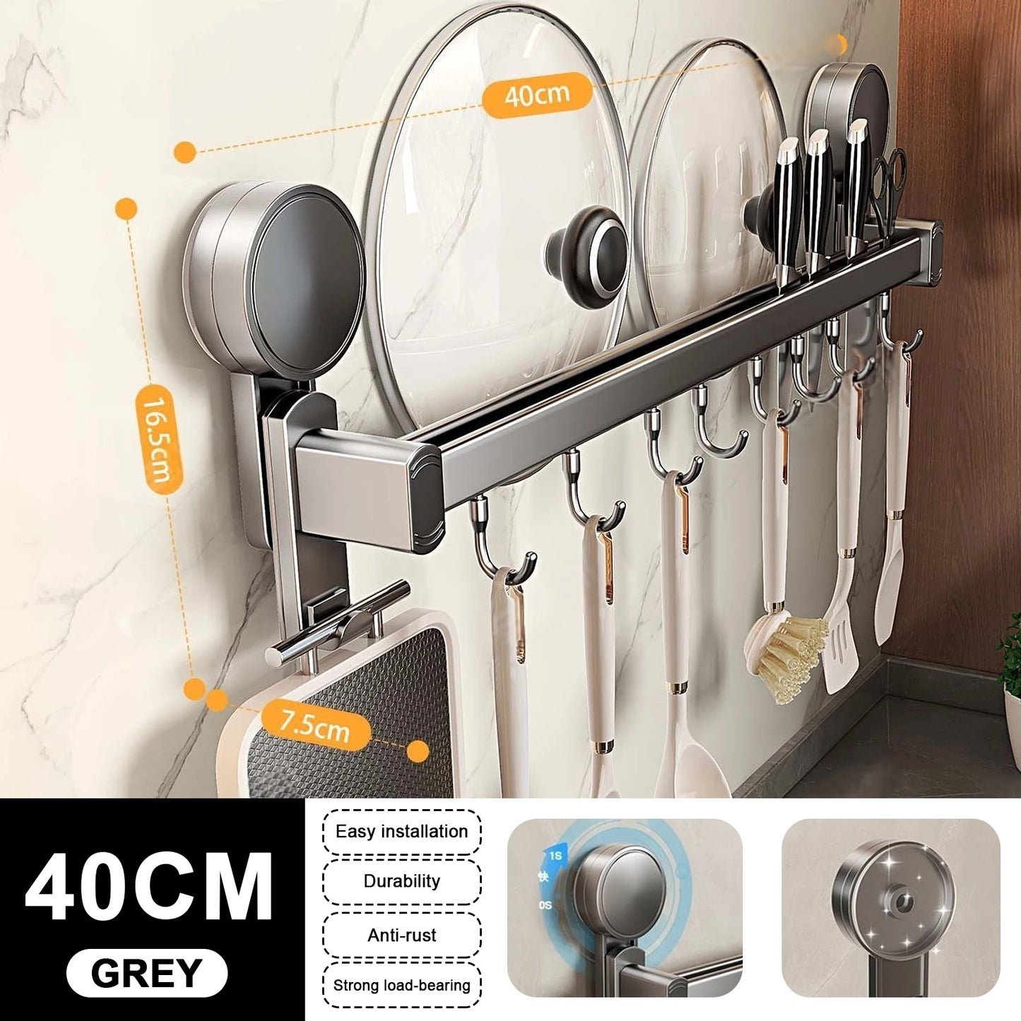 Grey Wall Mounted No-Punch Large Capacity Storage Utensils Metal Kitchen Shelf Skeletonized Drainage Design Easy to Clean