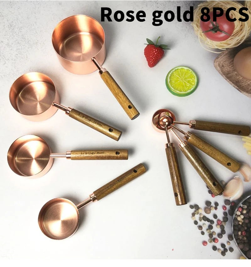4PCS/8PCS Set of Stainless Steel Measuring Cup Measuring Spoon Baking Utensils with Scale Measuring Acacia Wood Handle