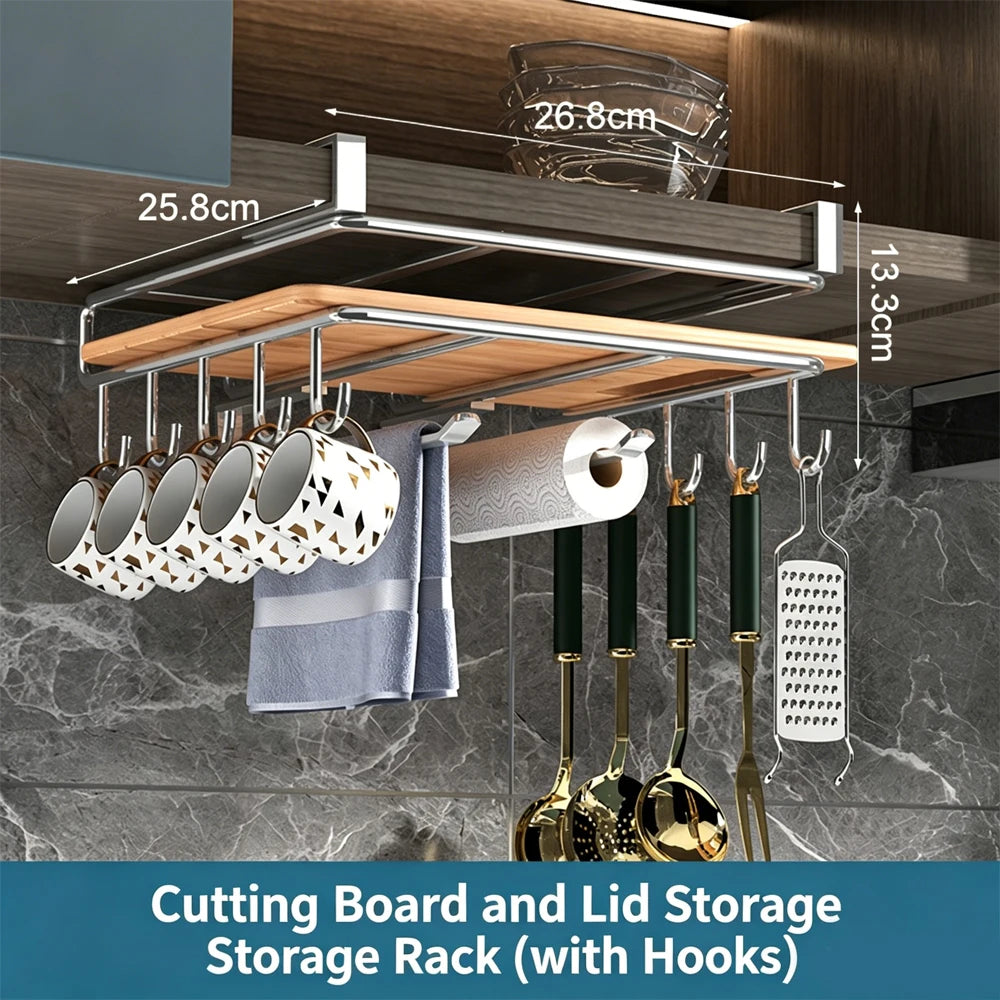 Space Saving Kitchen Organizer: under Cabinet Hanging Rack with Hooks for Towels Cutting Boards & Pot Lids