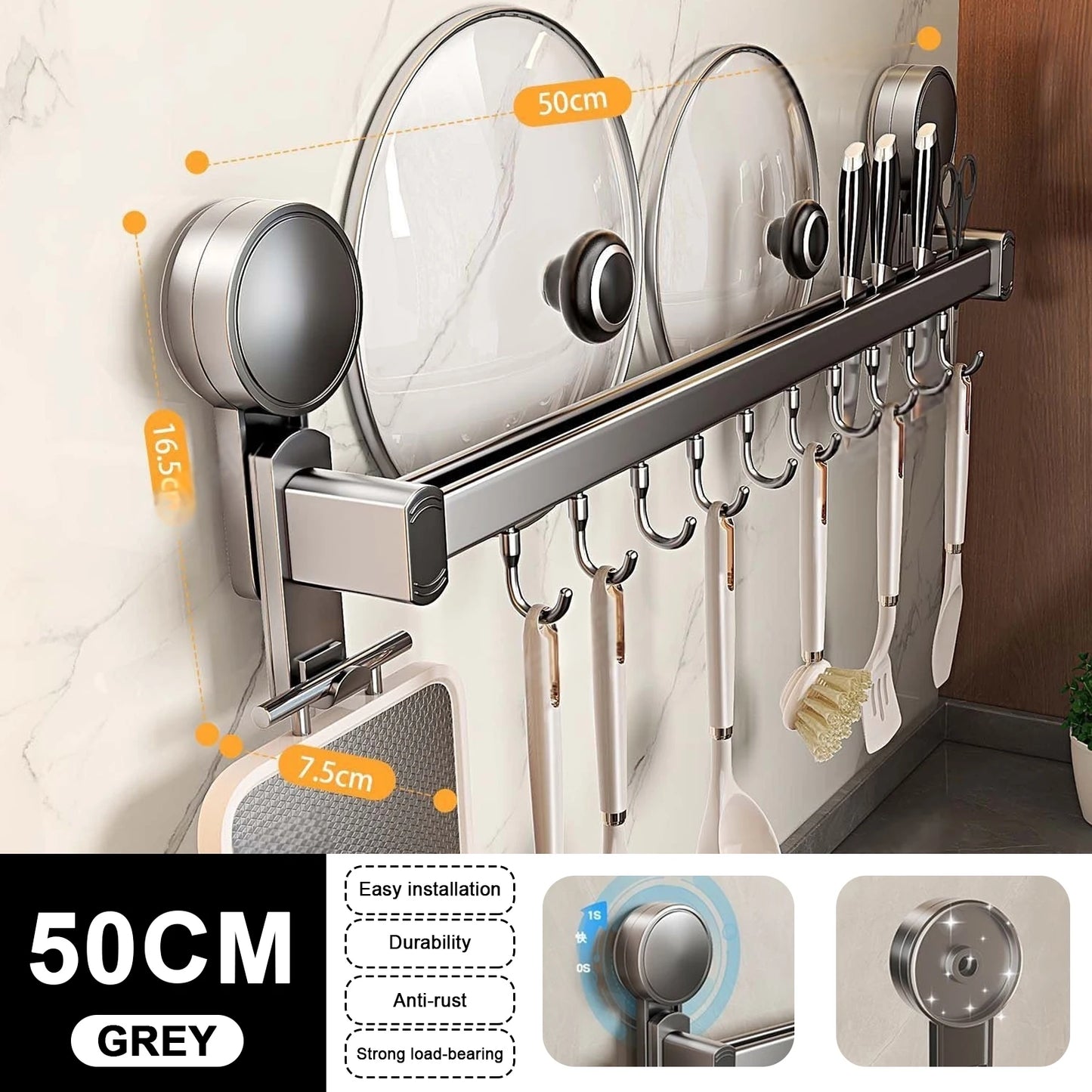 Grey Wall Mounted No-Punch Large Capacity Storage Utensils Metal Kitchen Shelf Skeletonized Drainage Design Easy to Clean