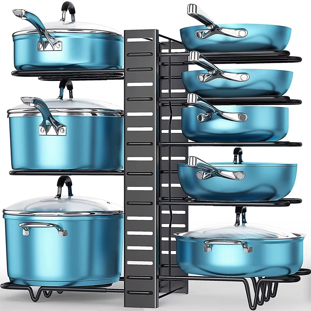 8 Tiers Pan Pot Organizer Rack 3 DIY Methods Adjustable Cabinet Pantry Pots Lids Storage Rack Kitchen Organization