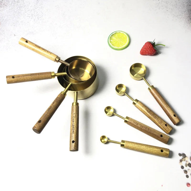 4PCS/8PCS Set of Stainless Steel Measuring Cup Measuring Spoon Baking Utensils with Scale Measuring Acacia Wood Handle