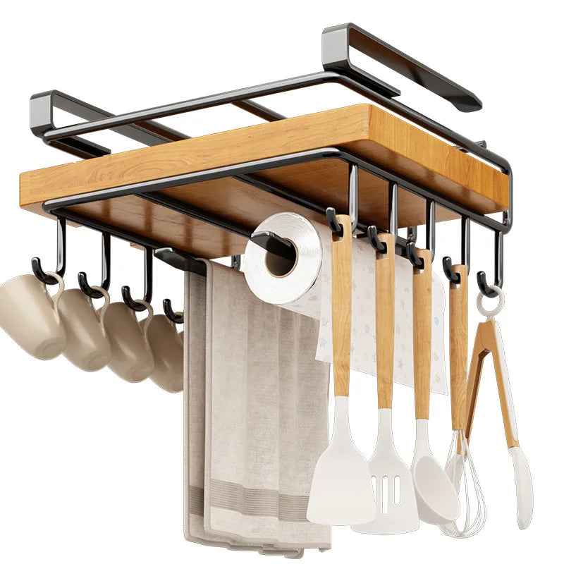 Space Saving Kitchen Organizer: under Cabinet Hanging Rack with Hooks for Towels Cutting Boards & Pot Lids