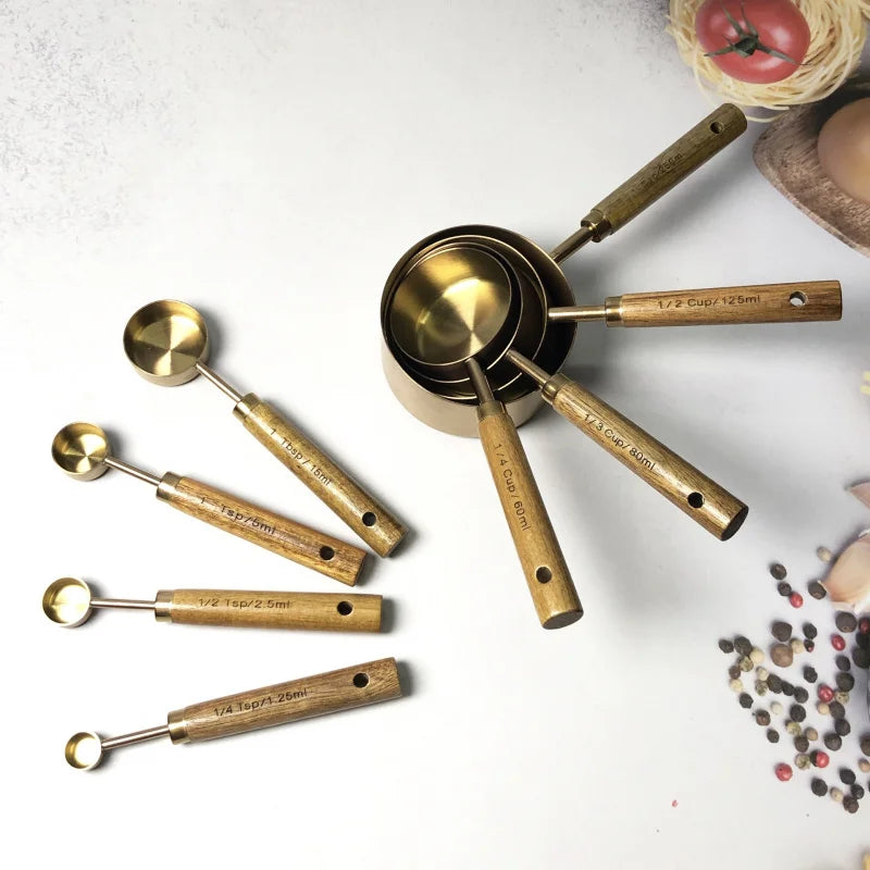 4PCS/8PCS Set of Stainless Steel Measuring Cup Measuring Spoon Baking Utensils with Scale Measuring Acacia Wood Handle