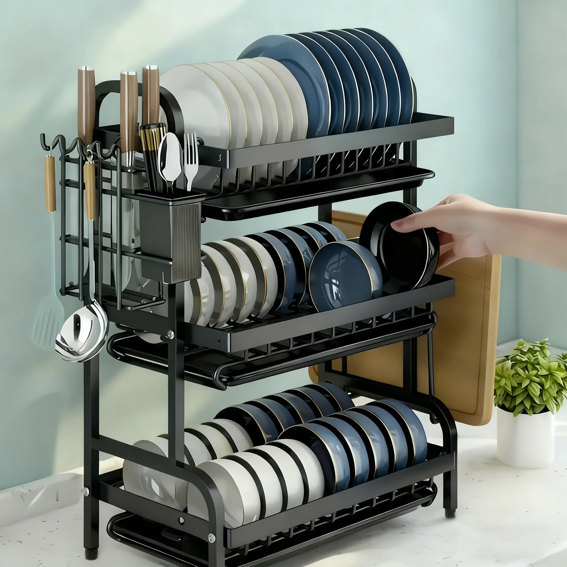 Large 2-3 Tier Vertical Dish Rack/Utensil Holder, Kitchen Storage Rack with Quick Drainage System, Knife and Fork Holder, Cutting Board Storage, Drying Rack - Heavy-Duty Carbon Steel Multifunctional Utensil Organizer, Suitable for Bowls, Plates, and Cookware - Space-Saving Modern Metal Storage Rack, for Countertop or Cabinet Use, Minimalist Design, Sturdy Construction, Ideal for Small Kitchens, Dish Drying Rack after Washing Dishes, Drying Rack