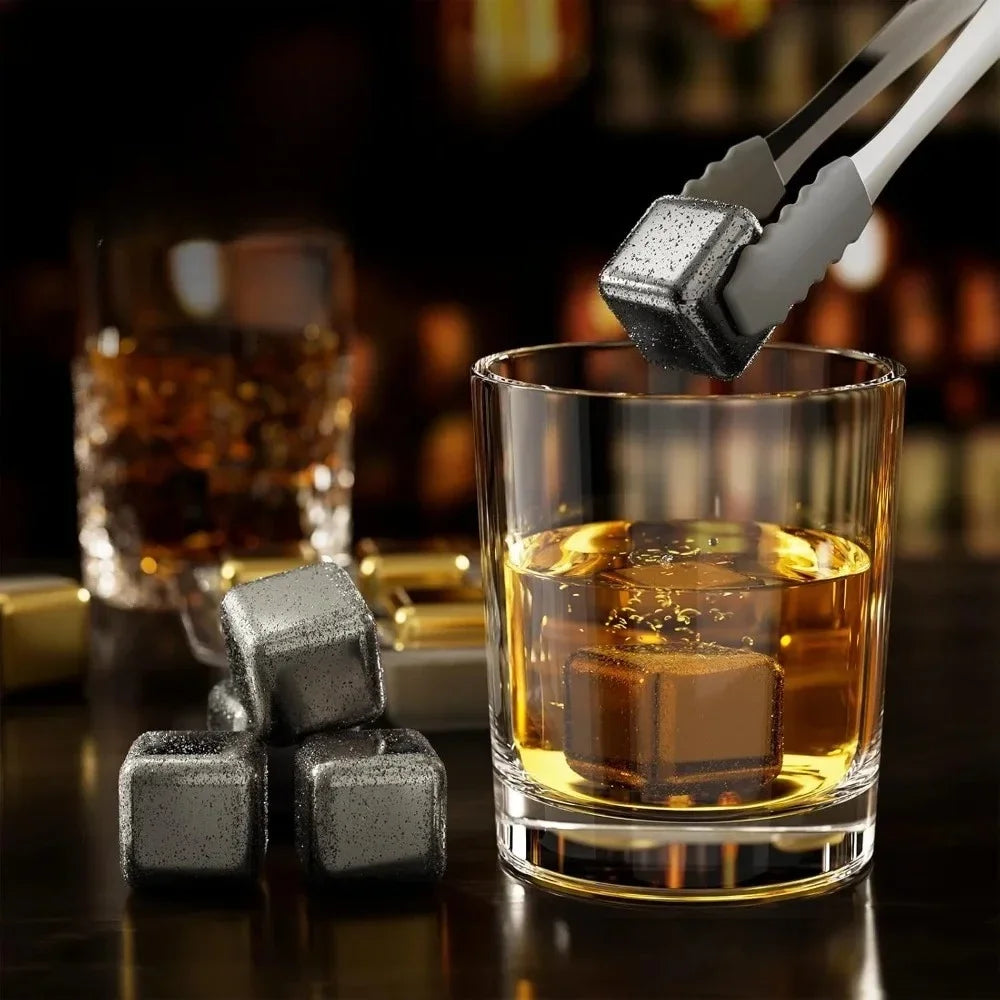 4/6/8/12 Whiskey Stones Barware Beer Ice Cooling Stones Stainless Steel Ice Stones with Ice Tongs and Freezer Storage Box