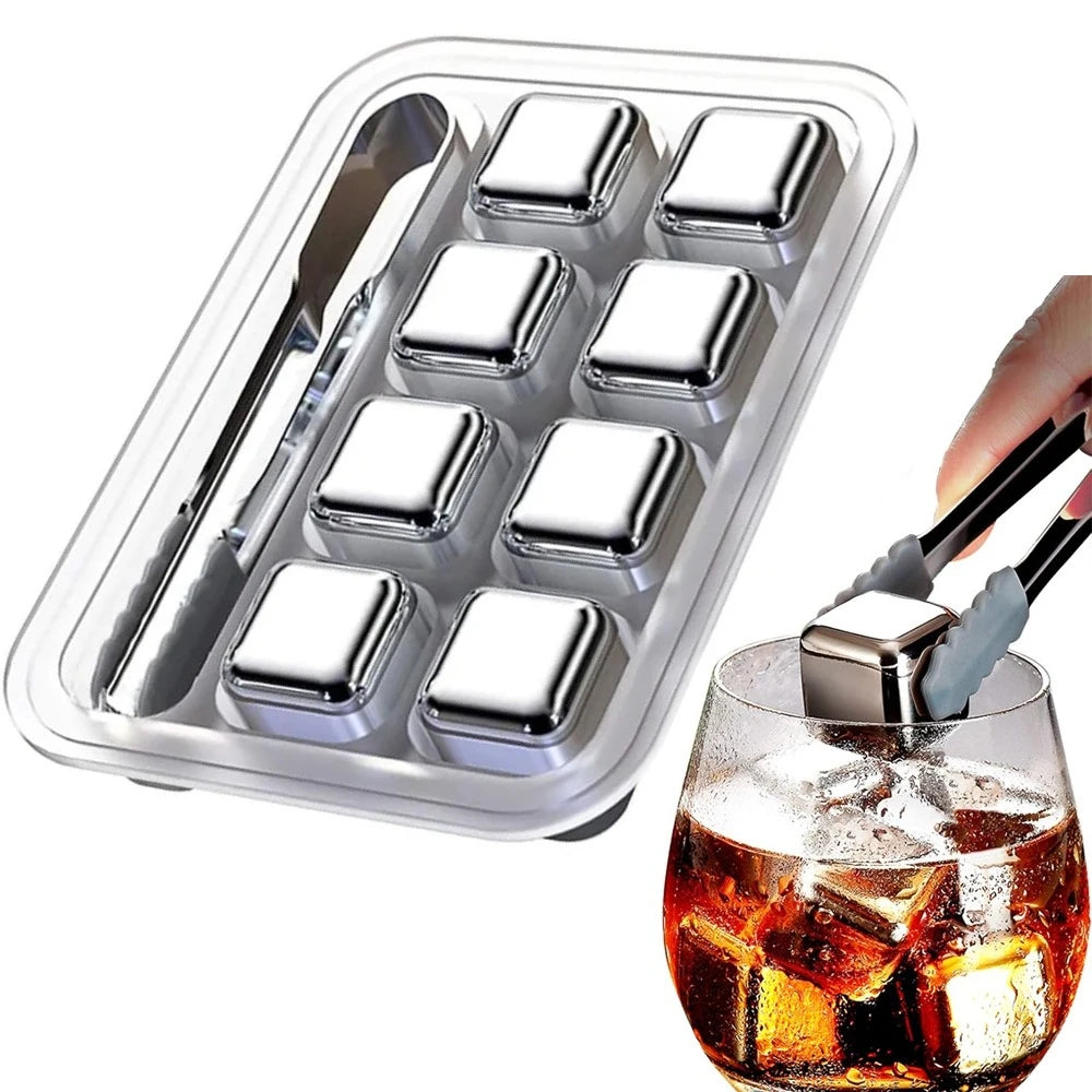 4/6/8/12 Whiskey Stones Barware Beer Ice Cooling Stones Stainless Steel Ice Stones with Ice Tongs and Freezer Storage Box