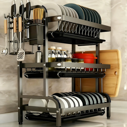 Large 2-3 Tier Vertical Dish Rack/Utensil Holder, Kitchen Storage Rack with Quick Drainage System, Knife and Fork Holder, Cutting Board Storage, Drying Rack - Heavy-Duty Carbon Steel Multifunctional Utensil Organizer, Suitable for Bowls, Plates, and Cookware - Space-Saving Modern Metal Storage Rack, for Countertop or Cabinet Use, Minimalist Design, Sturdy Construction, Ideal for Small Kitchens, Dish Drying Rack after Washing Dishes, Drying Rack