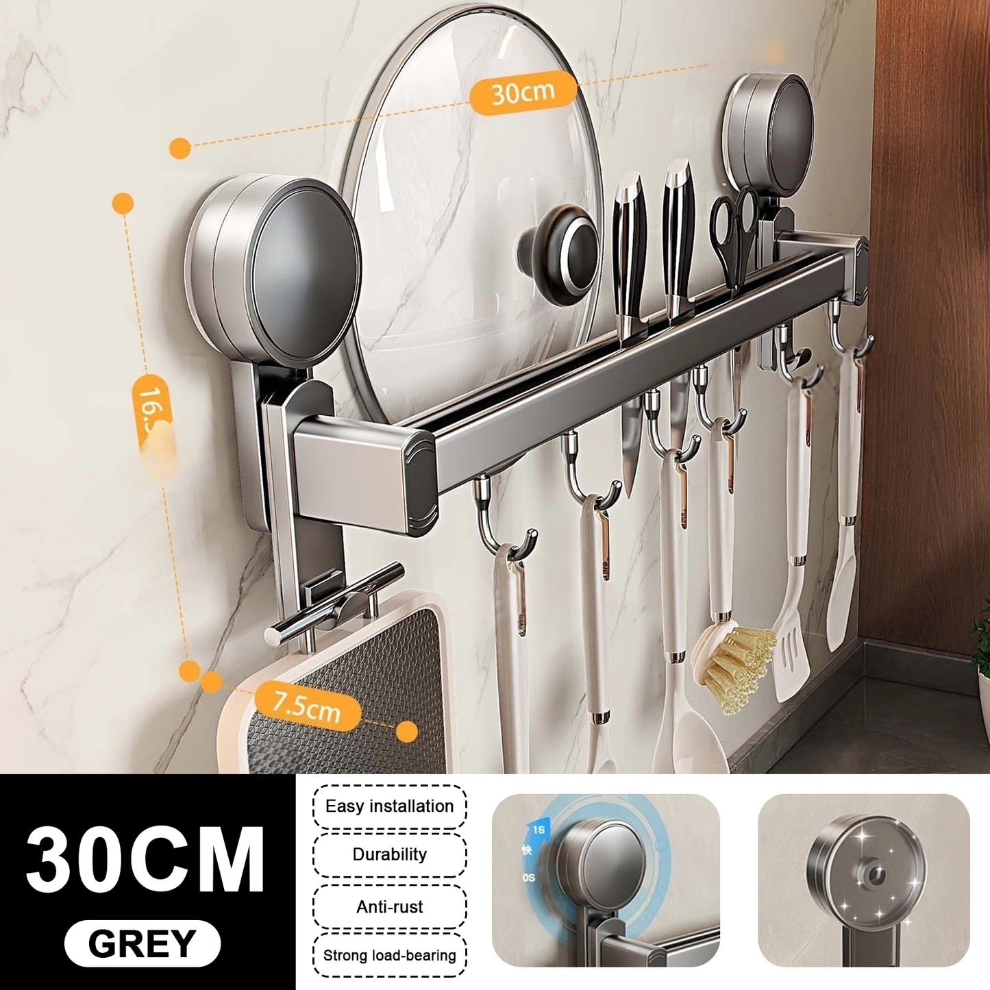 Grey Wall Mounted No-Punch Large Capacity Storage Utensils Metal Kitchen Shelf Skeletonized Drainage Design Easy to Clean