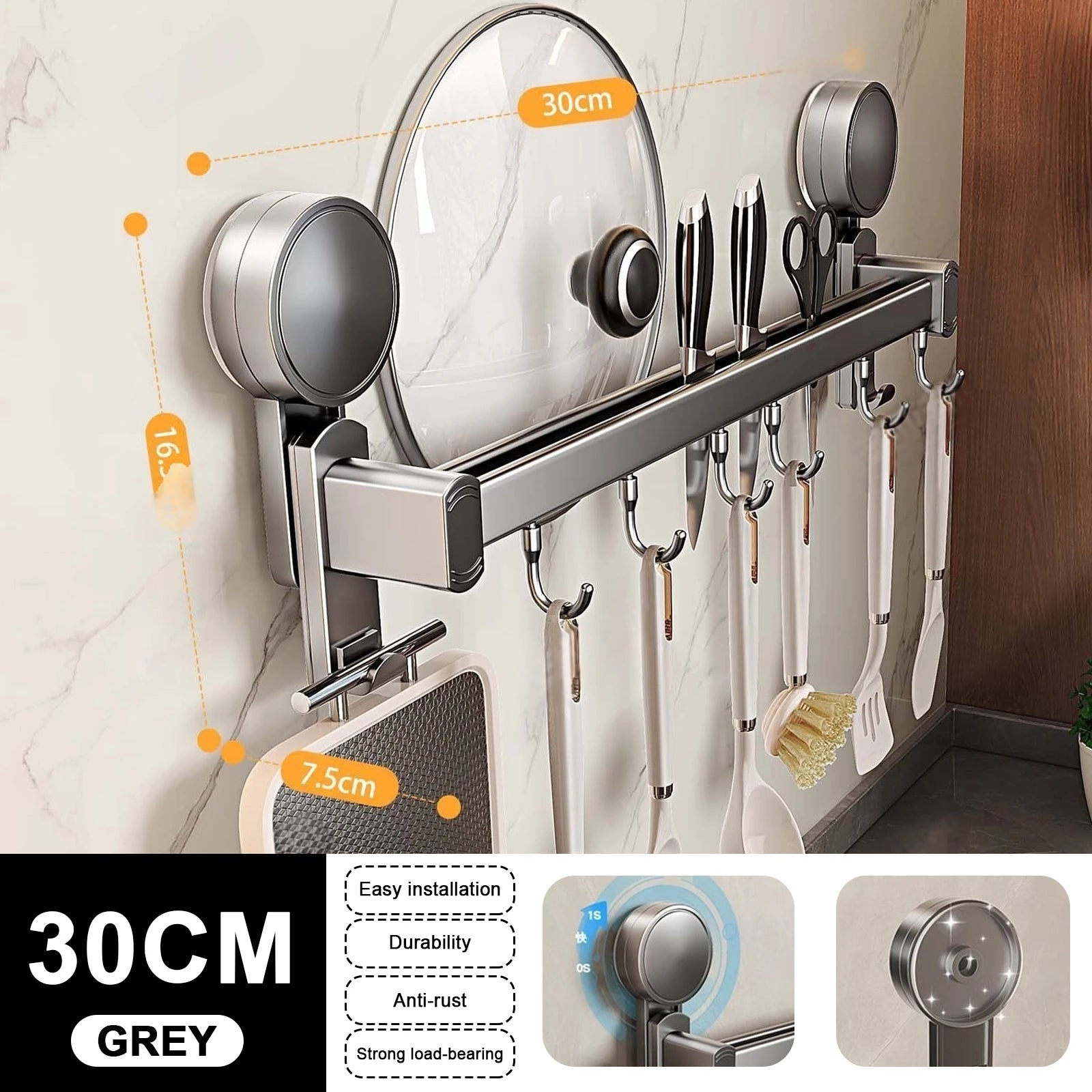 Grey Wall Mounted No-Punch Large Capacity Storage Utensils Metal Kitchen Shelf Skeletonized Drainage Design Easy to Clean