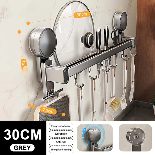 Grey Wall Mounted No-Punch Large Capacity Storage Utensils Metal Kitchen Shelf Skeletonized Drainage Design Easy to Clean