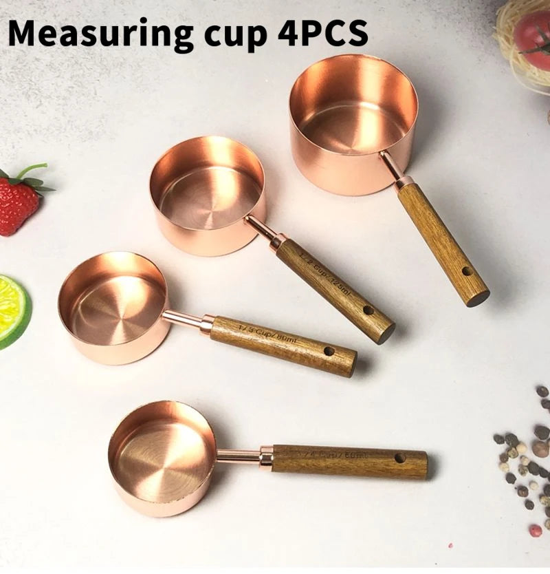 4PCS/8PCS Set of Stainless Steel Measuring Cup Measuring Spoon Baking Utensils with Scale Measuring Acacia Wood Handle