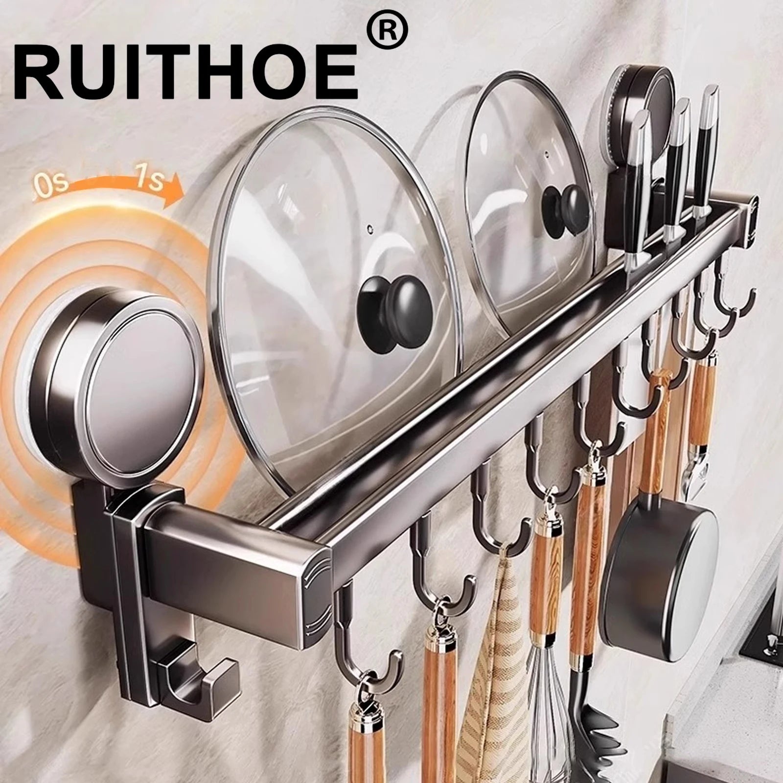 Grey Wall Mounted No-Punch Large Capacity Storage Utensils Metal Kitchen Shelf Skeletonized Drainage Design Easy to Clean