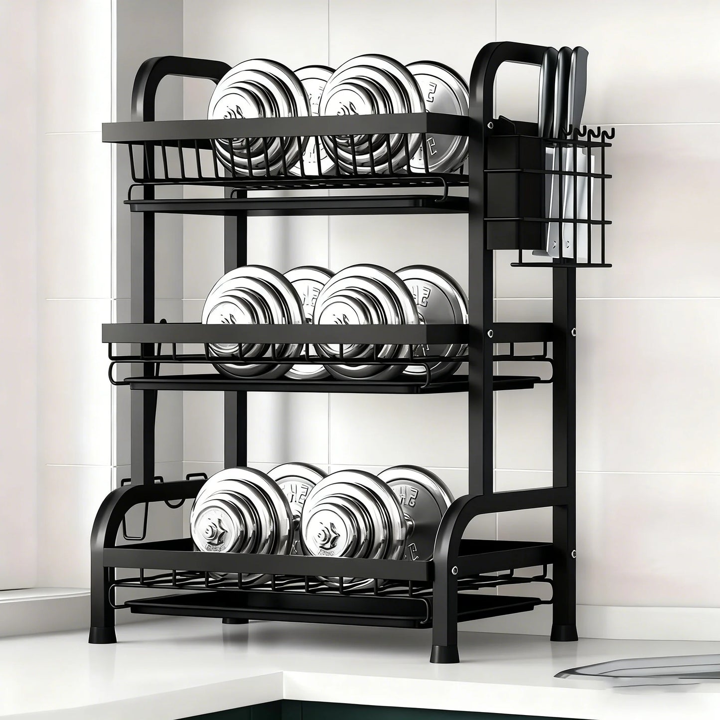 Large 2-3 Tier Vertical Dish Rack/Utensil Holder, Kitchen Storage Rack with Quick Drainage System, Knife and Fork Holder, Cutting Board Storage, Drying Rack - Heavy-Duty Carbon Steel Multifunctional Utensil Organizer, Suitable for Bowls, Plates, and Cookware - Space-Saving Modern Metal Storage Rack, for Countertop or Cabinet Use, Minimalist Design, Sturdy Construction, Ideal for Small Kitchens, Dish Drying Rack after Washing Dishes, Drying Rack