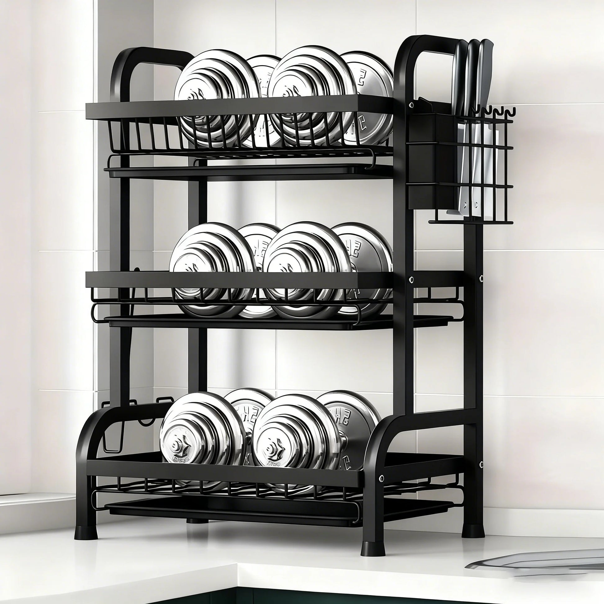 Large 2-3 Tier Vertical Dish Rack/Utensil Holder, Kitchen Storage Rack with Quick Drainage System, Knife and Fork Holder, Cutting Board Storage, Drying Rack - Heavy-Duty Carbon Steel Multifunctional Utensil Organizer, Suitable for Bowls, Plates, and Cookware - Space-Saving Modern Metal Storage Rack, for Countertop or Cabinet Use, Minimalist Design, Sturdy Construction, Ideal for Small Kitchens, Dish Drying Rack after Washing Dishes, Drying Rack