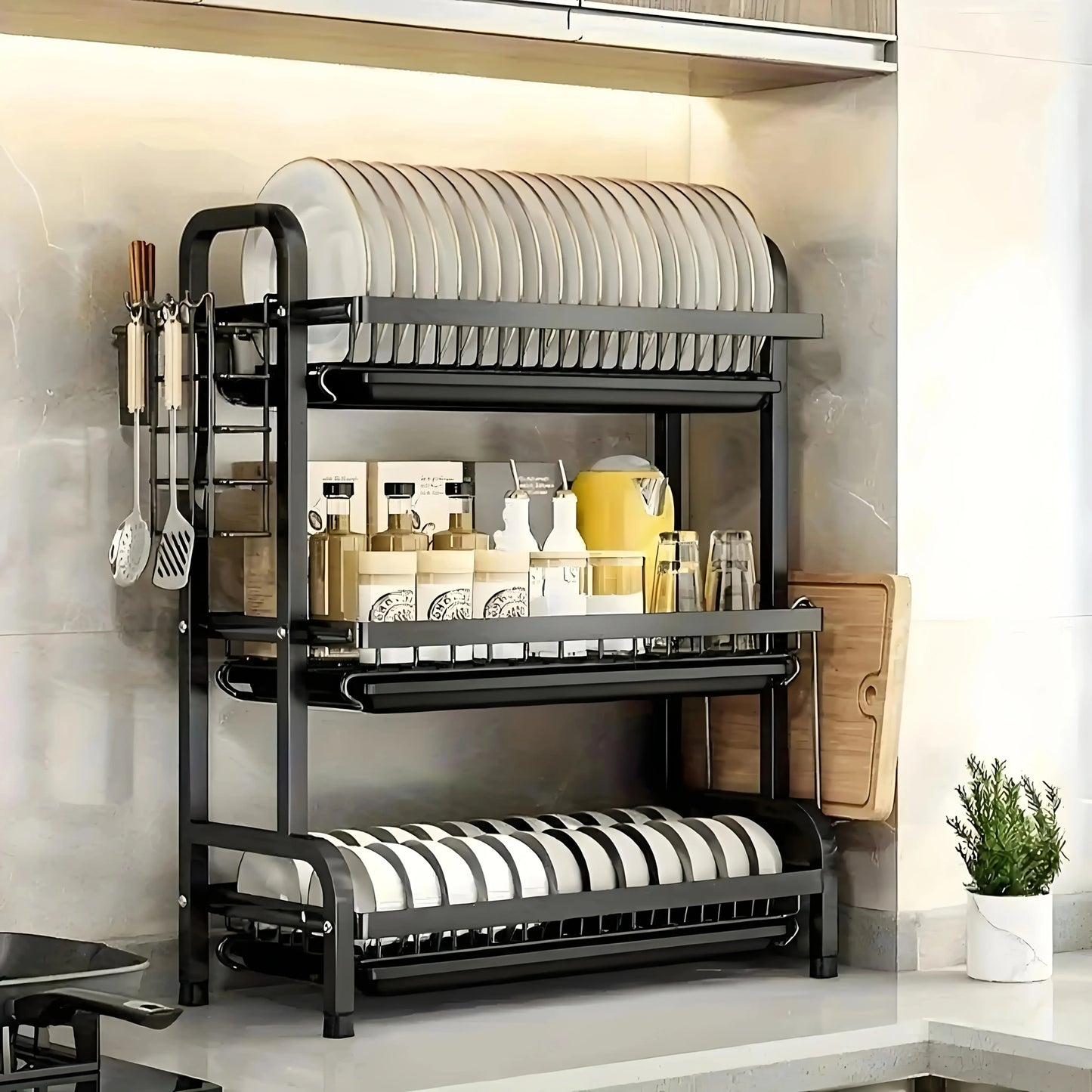 Large 2-3 Tier Vertical Dish Rack/Utensil Holder, Kitchen Storage Rack with Quick Drainage System, Knife and Fork Holder, Cutting Board Storage, Drying Rack - Heavy-Duty Carbon Steel Multifunctional Utensil Organizer, Suitable for Bowls, Plates, and Cookware - Space-Saving Modern Metal Storage Rack, for Countertop or Cabinet Use, Minimalist Design, Sturdy Construction, Ideal for Small Kitchens, Dish Drying Rack after Washing Dishes, Drying Rack