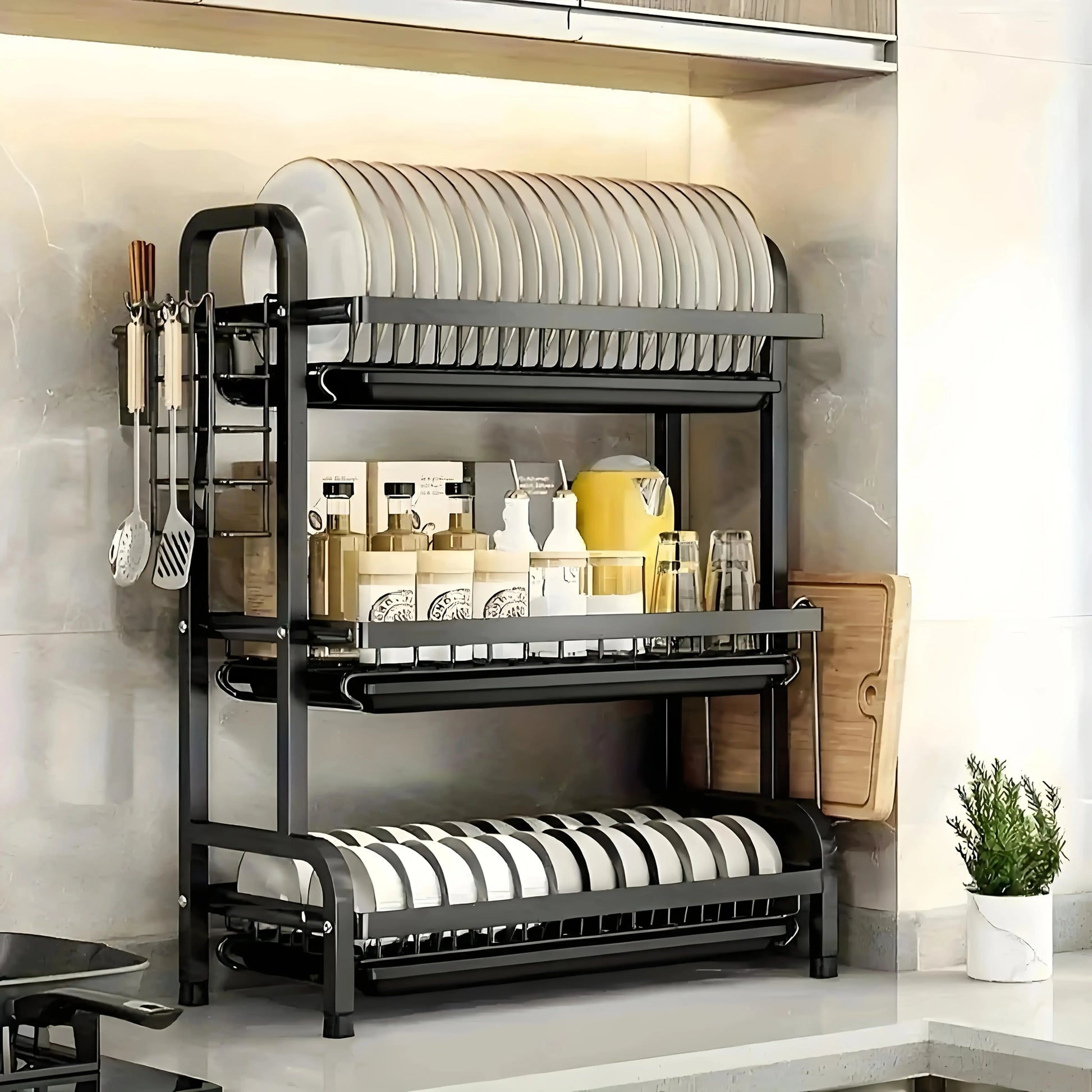 Large 2-3 Tier Vertical Dish Rack/Utensil Holder, Kitchen Storage Rack with Quick Drainage System, Knife and Fork Holder, Cutting Board Storage, Drying Rack - Heavy-Duty Carbon Steel Multifunctional Utensil Organizer, Suitable for Bowls, Plates, and Cookware - Space-Saving Modern Metal Storage Rack, for Countertop or Cabinet Use, Minimalist Design, Sturdy Construction, Ideal for Small Kitchens, Dish Drying Rack after Washing Dishes, Drying Rack