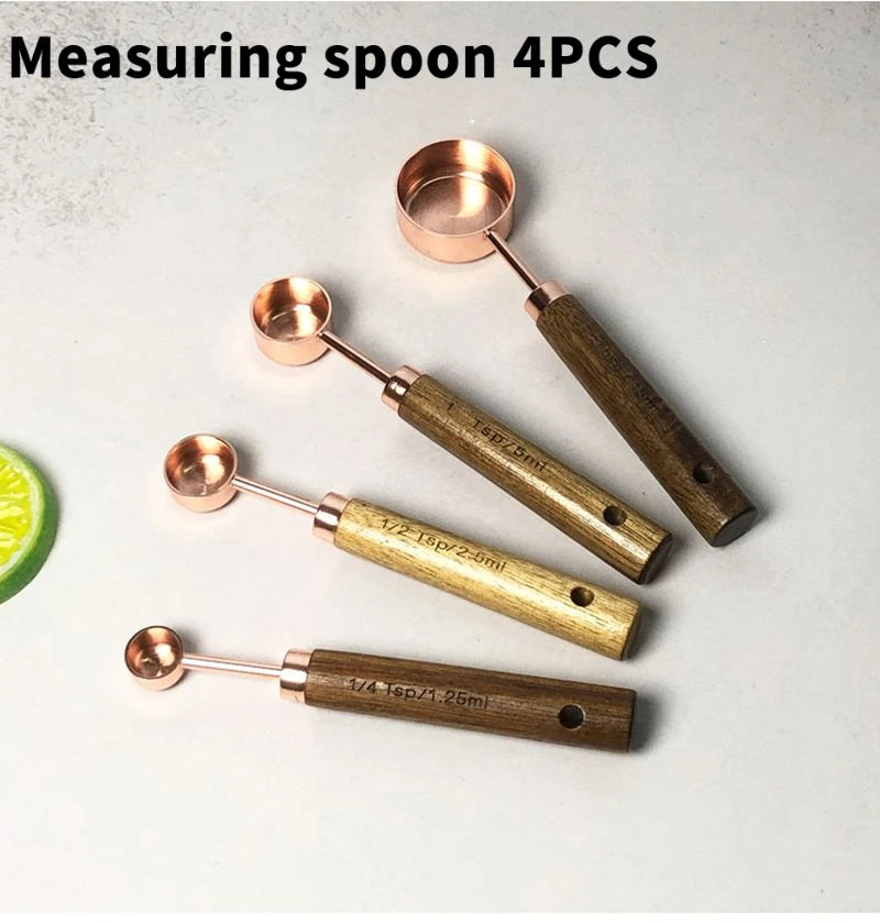 4PCS/8PCS Set of Stainless Steel Measuring Cup Measuring Spoon Baking Utensils with Scale Measuring Acacia Wood Handle