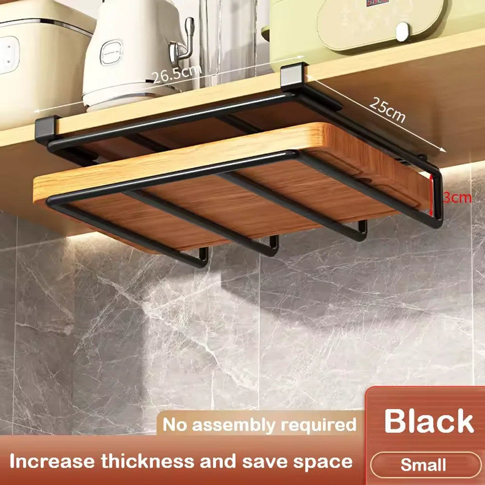 Space Saving Kitchen Organizer: under Cabinet Hanging Rack with Hooks for Towels Cutting Boards & Pot Lids