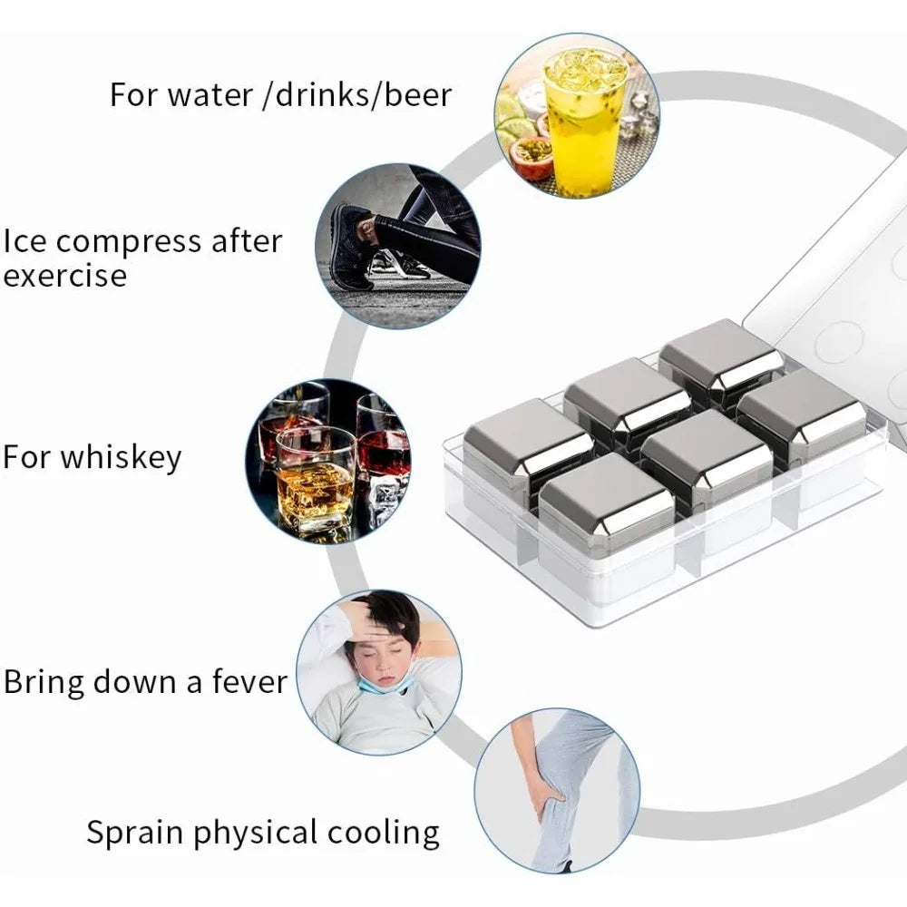 4/6/8/12 Whiskey Stones Barware Beer Ice Cooling Stones Stainless Steel Ice Stones with Ice Tongs and Freezer Storage Box