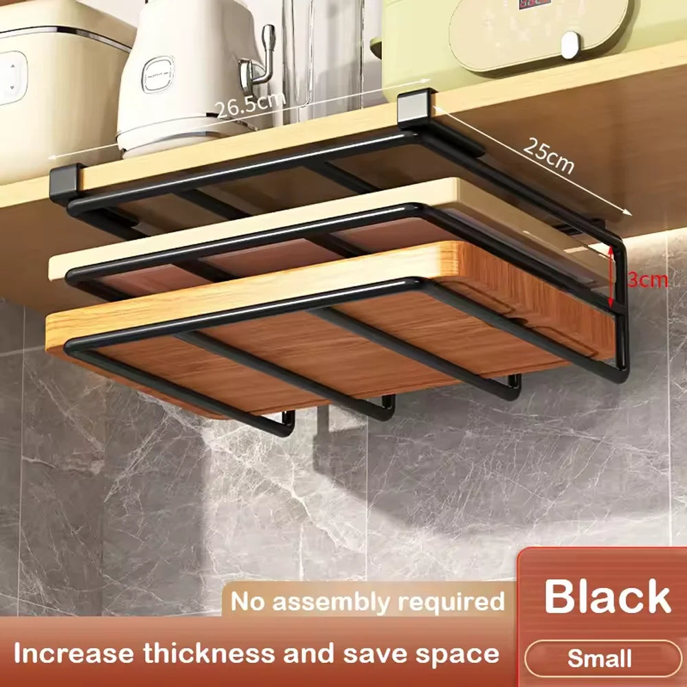 Space Saving Kitchen Organizer: under Cabinet Hanging Rack with Hooks for Towels Cutting Boards & Pot Lids