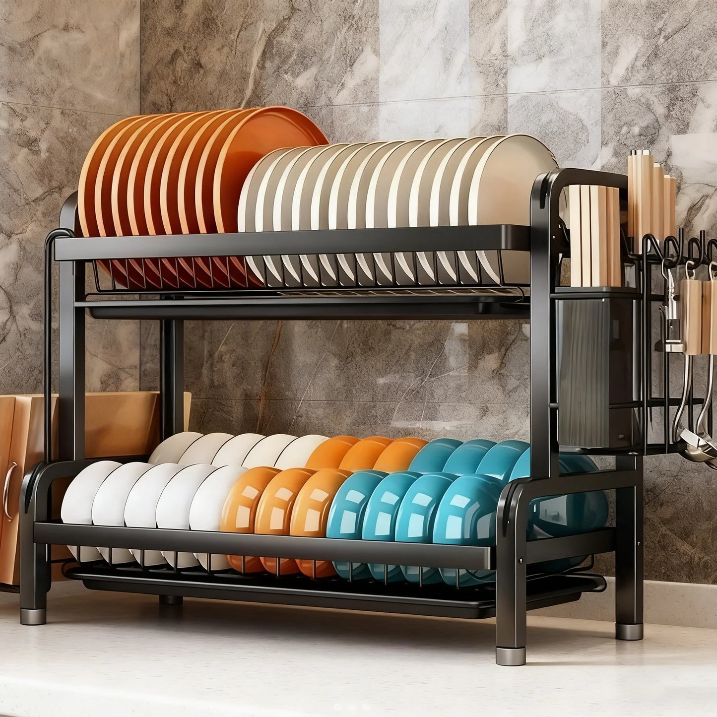 Large 2-3 Tier Vertical Dish Rack/Utensil Holder, Kitchen Storage Rack with Quick Drainage System, Knife and Fork Holder, Cutting Board Storage, Drying Rack - Heavy-Duty Carbon Steel Multifunctional Utensil Organizer, Suitable for Bowls, Plates, and Cookware - Space-Saving Modern Metal Storage Rack, for Countertop or Cabinet Use, Minimalist Design, Sturdy Construction, Ideal for Small Kitchens, Dish Drying Rack after Washing Dishes, Drying Rack