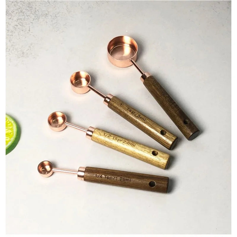 4PCS/8PCS Set of Stainless Steel Measuring Cup Measuring Spoon Baking Utensils with Scale Measuring Acacia Wood Handle