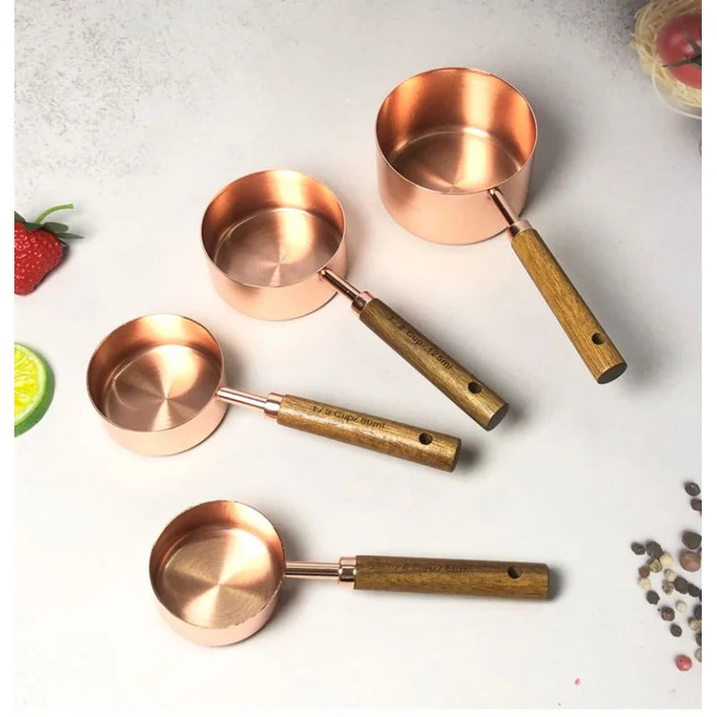 4PCS/8PCS Set of Stainless Steel Measuring Cup Measuring Spoon Baking Utensils with Scale Measuring Acacia Wood Handle