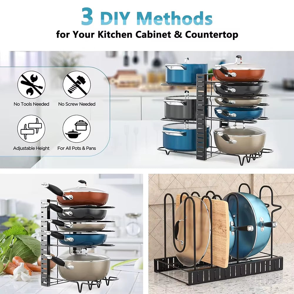 8 Tiers Pan Pot Organizer Rack 3 DIY Methods Adjustable Cabinet Pantry Pots Lids Storage Rack Kitchen Organization