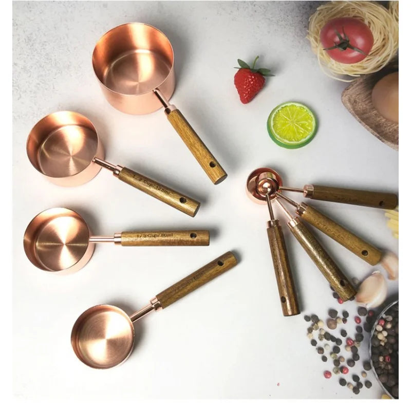 4PCS/8PCS Set of Stainless Steel Measuring Cup Measuring Spoon Baking Utensils with Scale Measuring Acacia Wood Handle