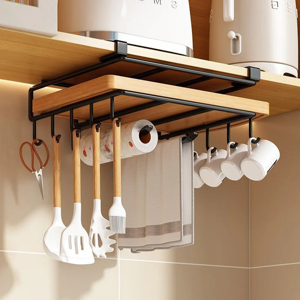 Space Saving Kitchen Organizer: under Cabinet Hanging Rack with Hooks for Towels Cutting Boards & Pot Lids