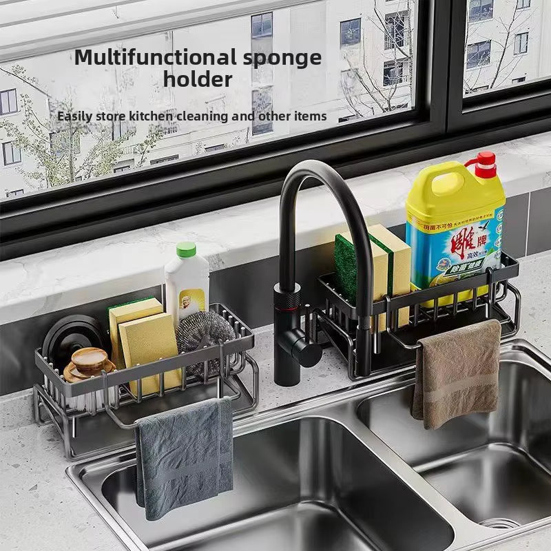 Kitchen Sponge Holder Drain Rack Sink Organizer for Dish Cloth Scrubber Storage with Hanging Hook